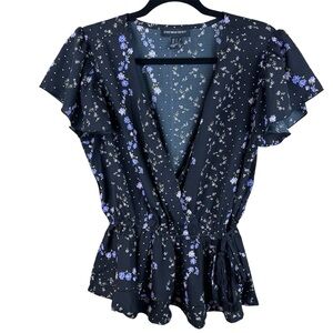 Streetwear Society Black & Lilac Floral Wrap Top, Flutter Sleeve, Peplum Style